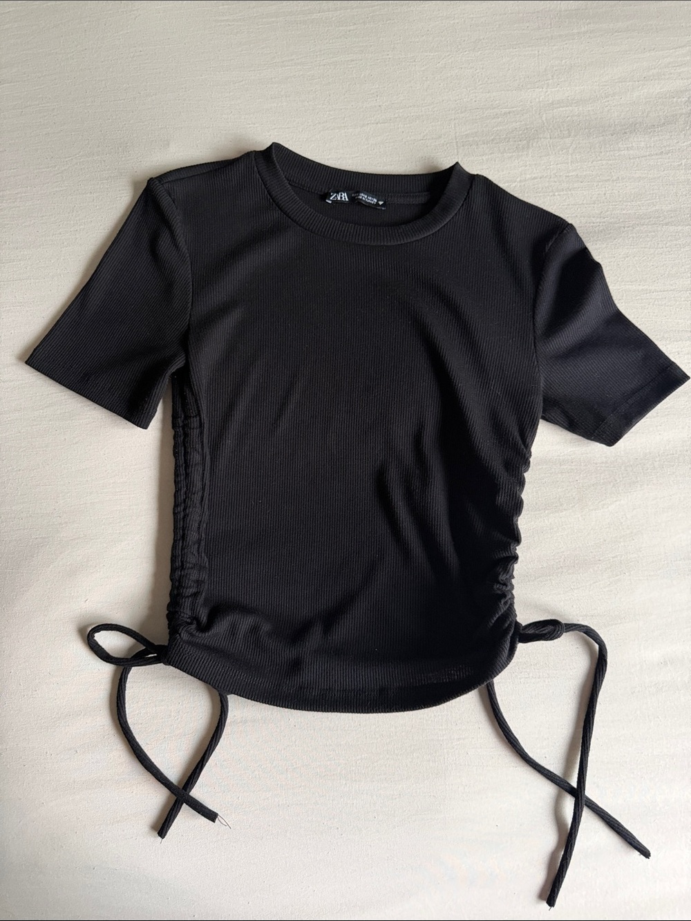 Zara Black Ribbed Short-Sleeve Side-Tie Tee